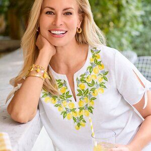 Talbots Tie Detail Embroidered 100% Linen Top Lemon Novelty Print 2X